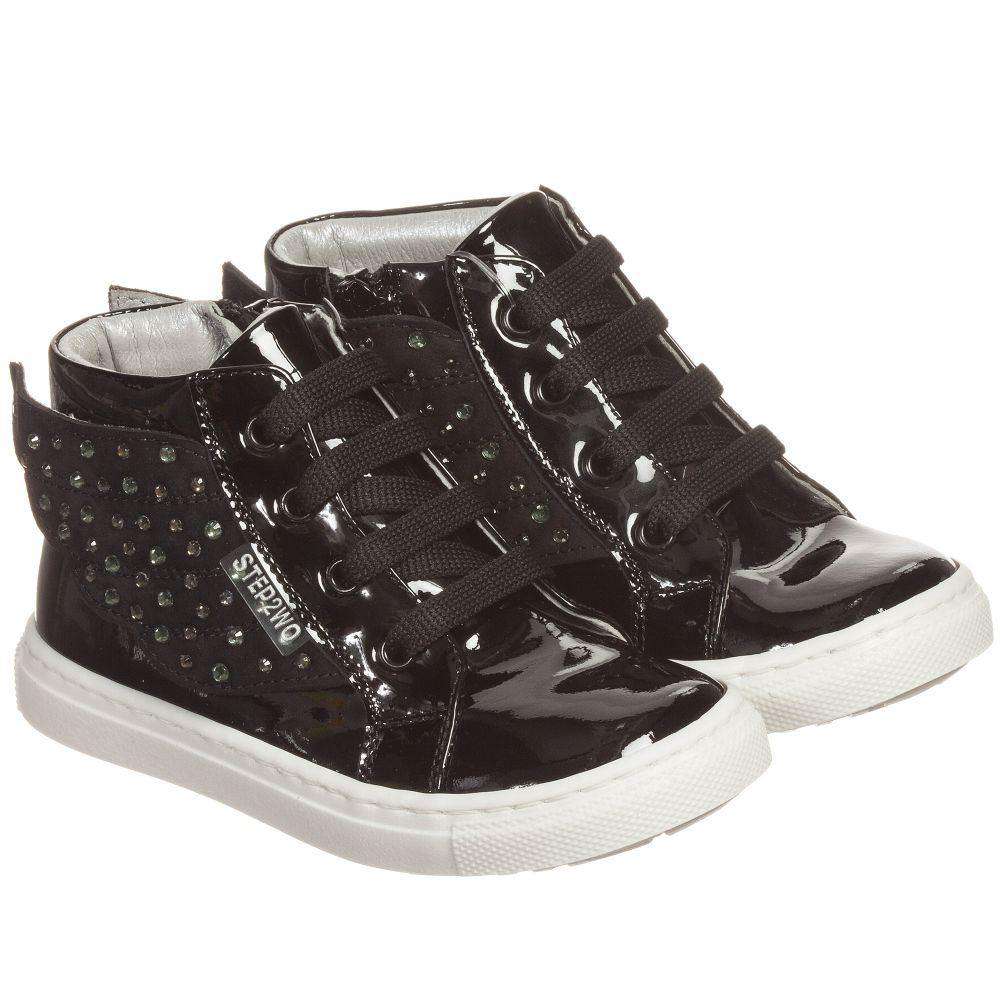 STEP2WO GIRLS BLACK PATENT LEATHER ANGEL TRAINERS WITH GEMS & WINGS EU 23 UK 6