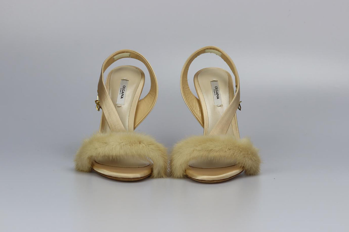 OLGANA MINK FUR AND SATIN SANDALS EU 38.5 UK 5.5 US 8.5
