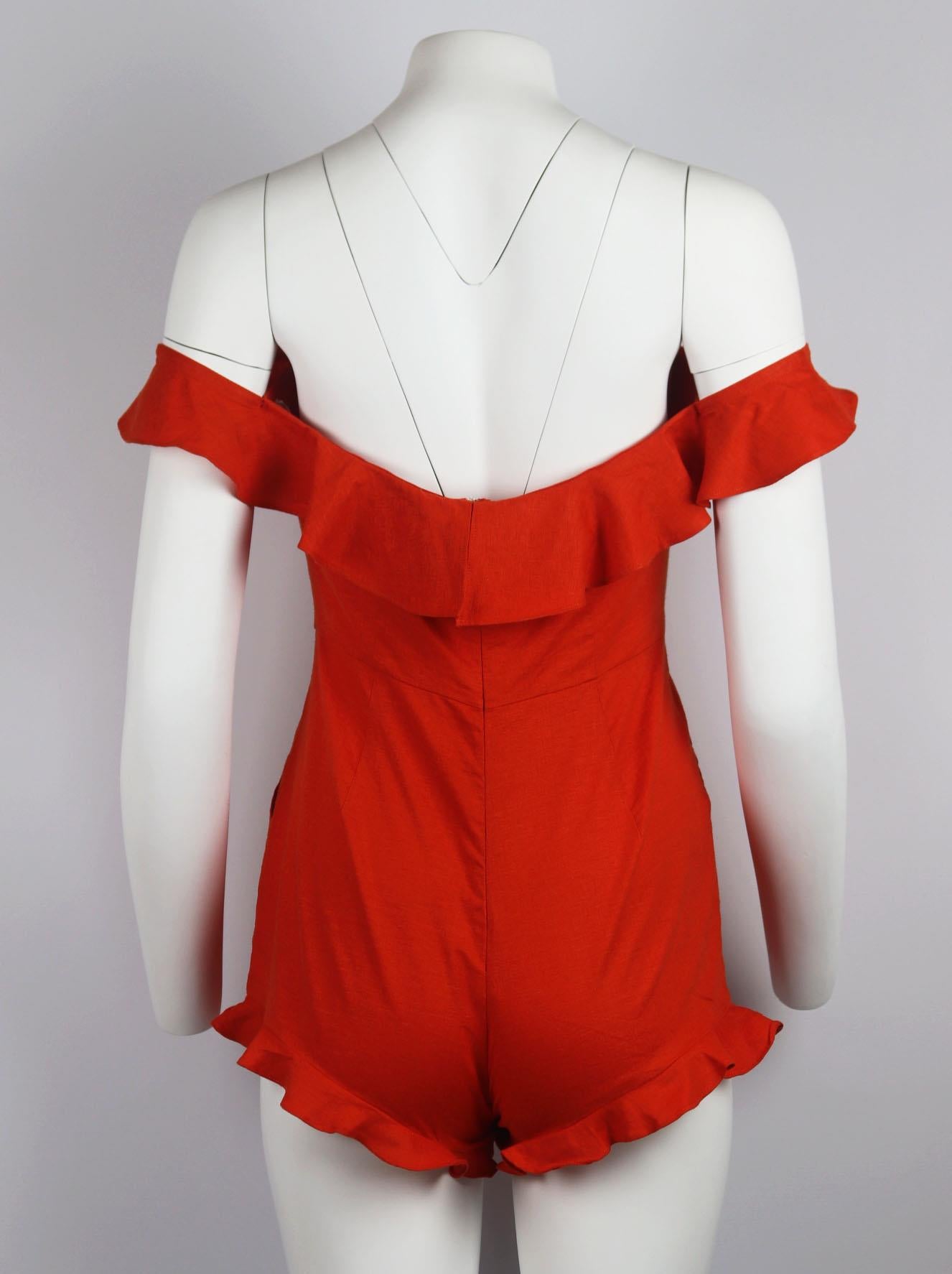 ALE BY ALESSANDRA MERCE OFF THE SHOULDER RUFFLED LINEN BLEND PLAYSUIT SMALL