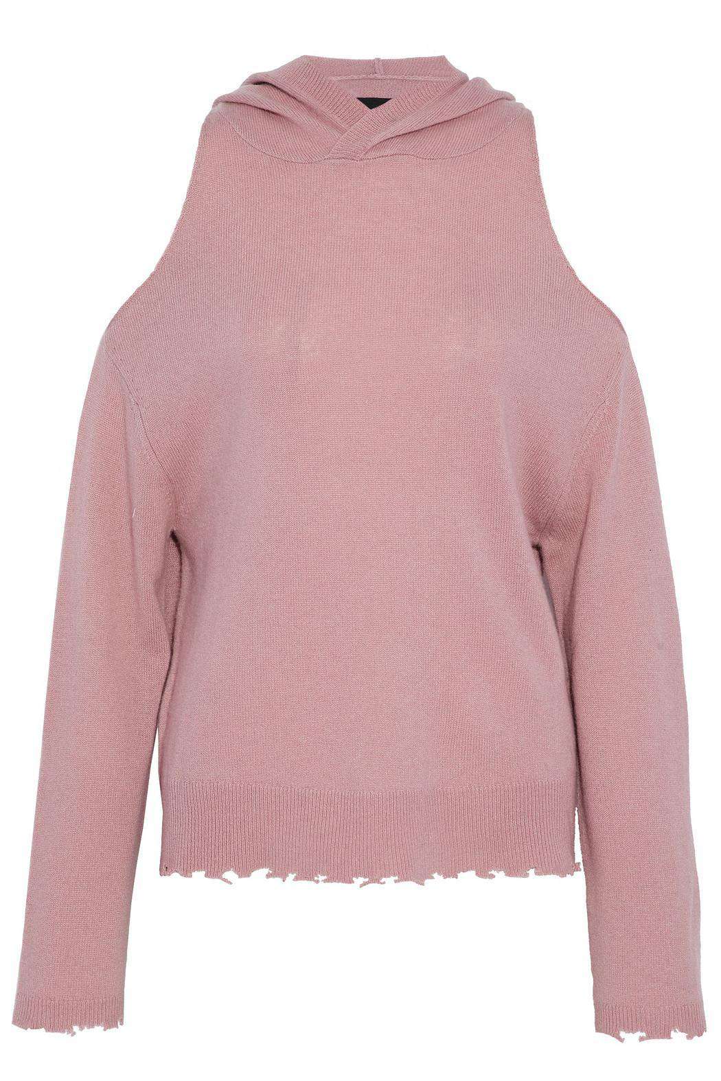 RTA JUNO COLD SHOULDER DISTRESSED CASHMERE HOODIE XSMALL