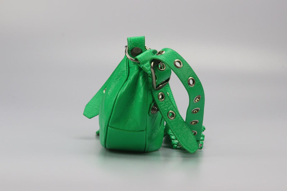 BALENCIAGA LE CAGOLE XS STUDDED CRINKLED LEATHER SHOULDER BAG
