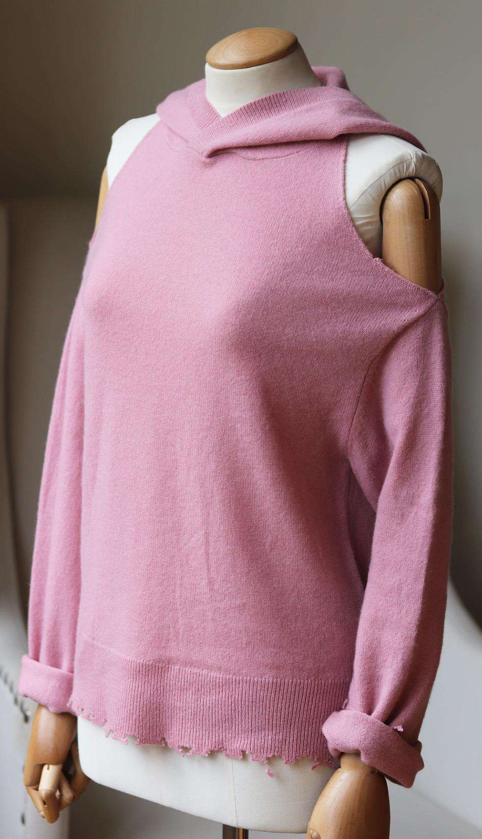 RTA JUNO COLD SHOULDER DISTRESSED CASHMERE HOODIE XSMALL