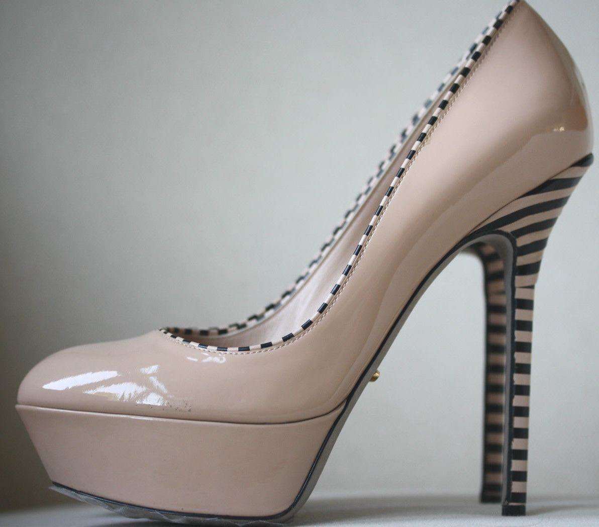 SERGIO ROSSI OPTIKALA PATENT NUDE STRIPED HEELS EU 38.5 UK 5.5