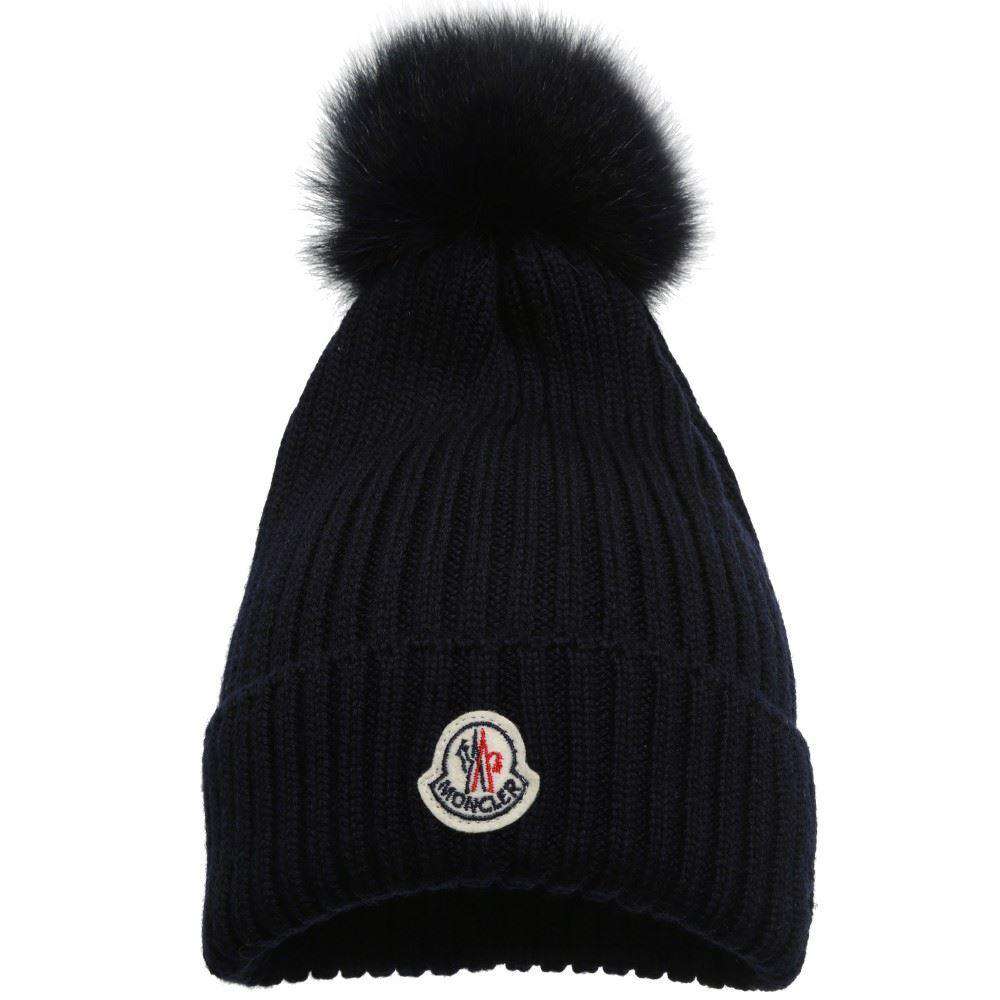 MONCLER KIDS NAVY BLUE WOOL HAT WITH FUR POM POM S 4-6 YEARS