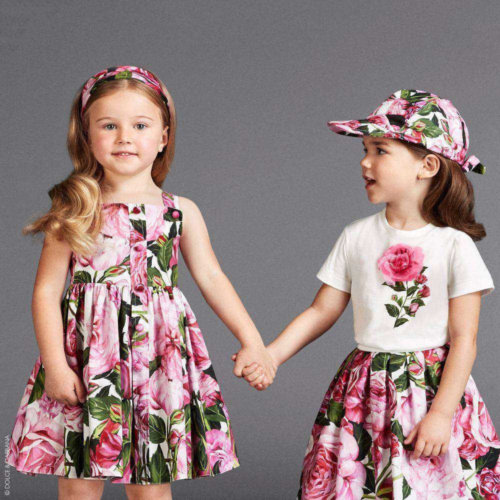 DOLCE & GABBANA GIRLS PINK ROSE BIANCO COTTON DRESS 4 YEARS