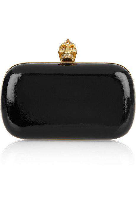 ALEXANDER MCQUEEN BLACK SKULL GLOSSED LEATHER BOX CLUTCH