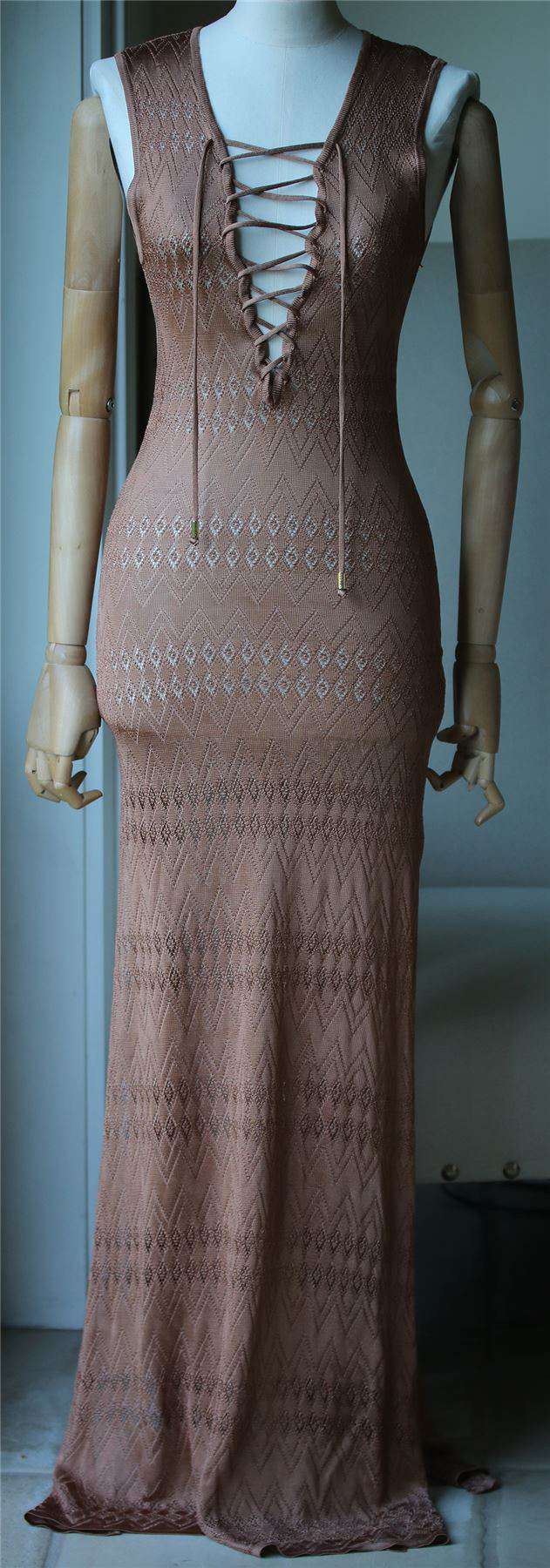 MELISSA ODABASH KOURTNEY LACE-UP POINTELLE-KNIT MAXI DRESS SMALL