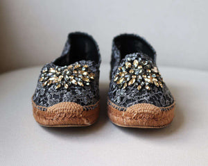 DOLCE AND GABBANA CRYSTAL EMBELLISHED LACE ESPADRILLES EU 38 UK 5 US 8
