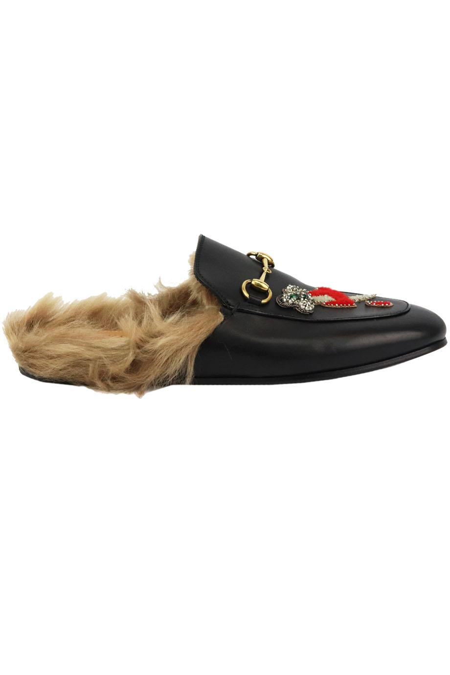 GUCCI PRINCETOWN SHEARLING LINED EMBELLISHED LEATHER SLIPPERS EU 38 UK 5 US 8