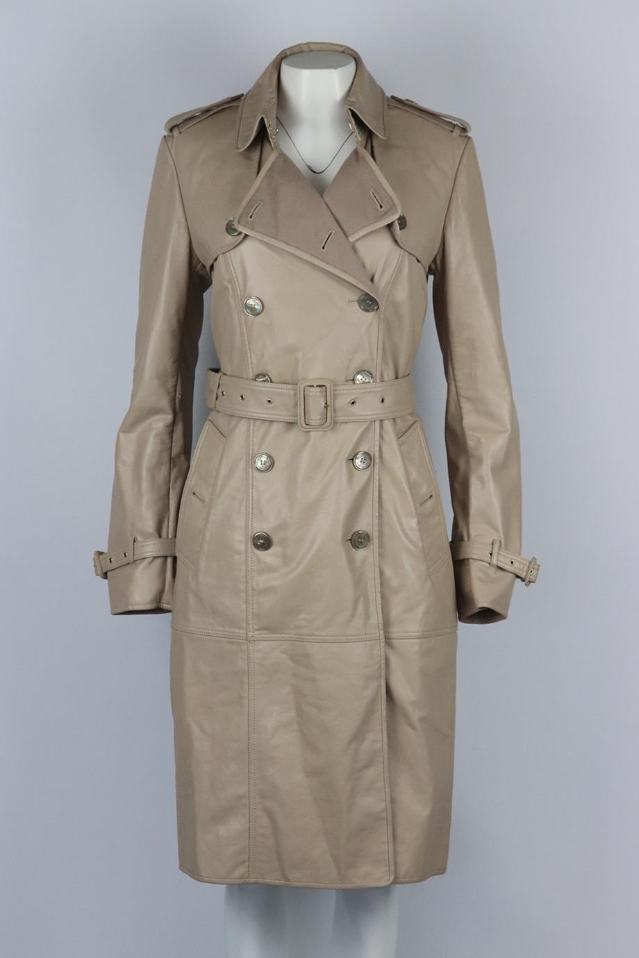 BURBERRY PRORSUM BELTED DOUBLE BREASTED LEATHER TRENCH COAT IT 44 UK 12