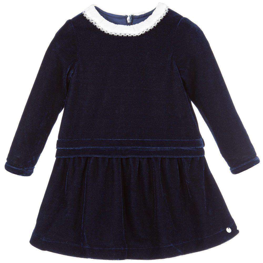 TARTINE ET CHOCOLAT GIRLS BLUE VELOUR DRESS WITH IVORY COLLAR 3 YEARS