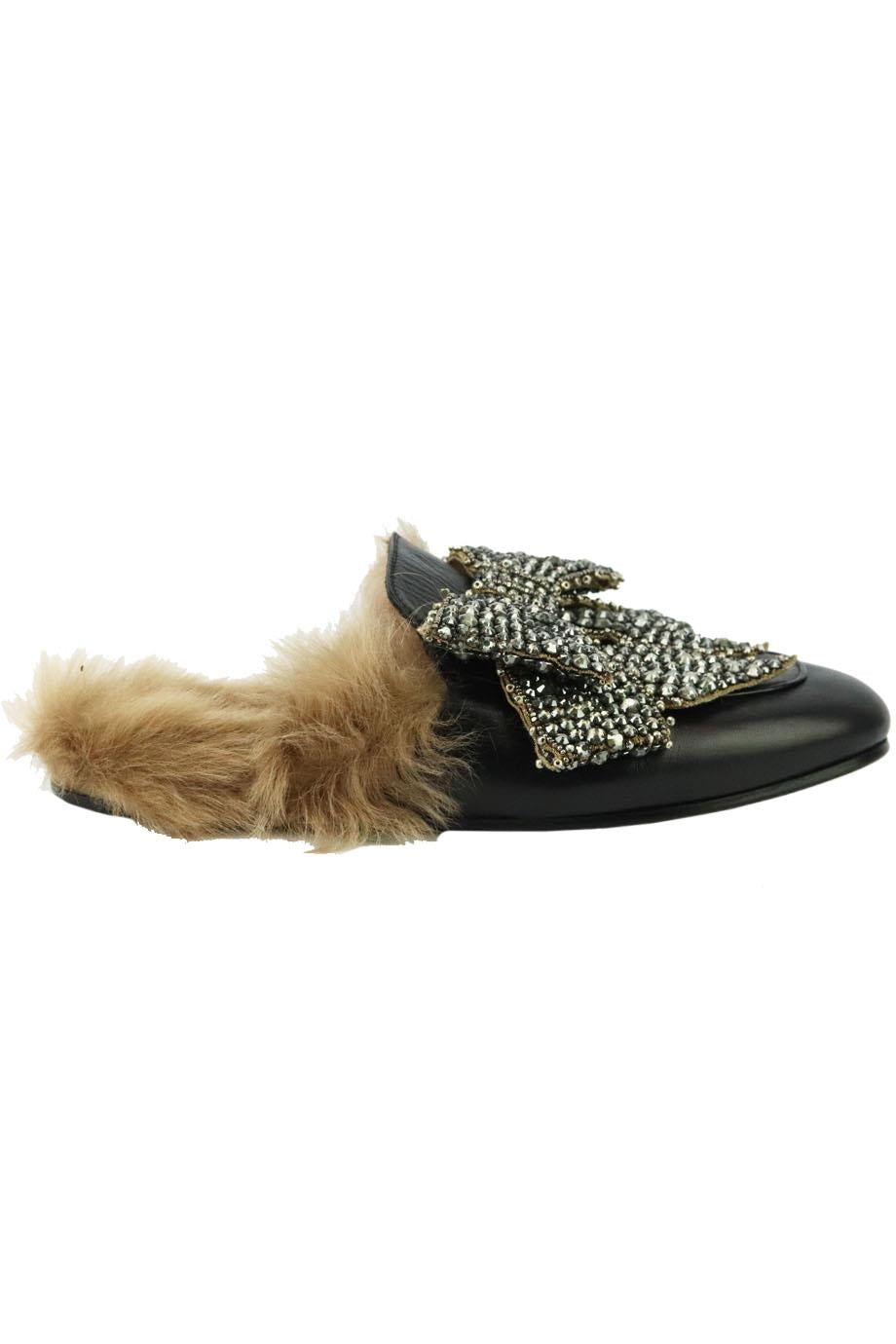GUCCI PRINCETOWN SHEARLING LINED EMBELLISHED LEATHER SLIPPERS EU 38 UK 5 US 8