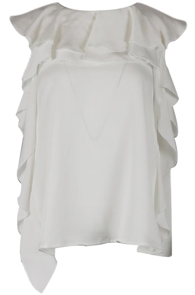 TARA JARMON RUFFLED CREPE BLOUSE FR 42 UK 14