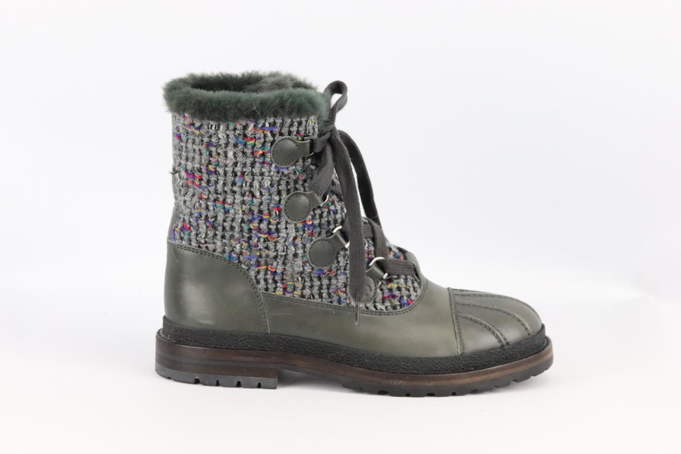 CHANEL 2016 SHEARLING LINED TWEED AND LEATHER ANKLE BOOTS EU 38.5 UK 5.5 US 8.5