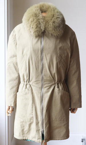 ARMY BY YVES SALOMON REVERSIBLE PRINTED RABBIT FUR AND COTTON PARKA FR 38 UK 10