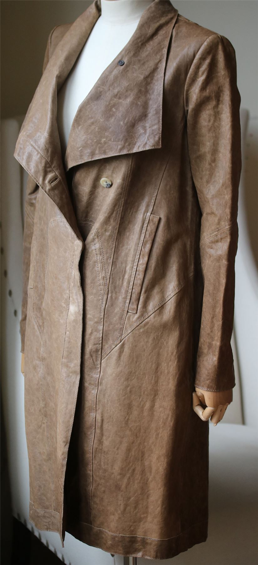 HELMUT LANG ASYMMETRIC LEATHER COAT SMALL