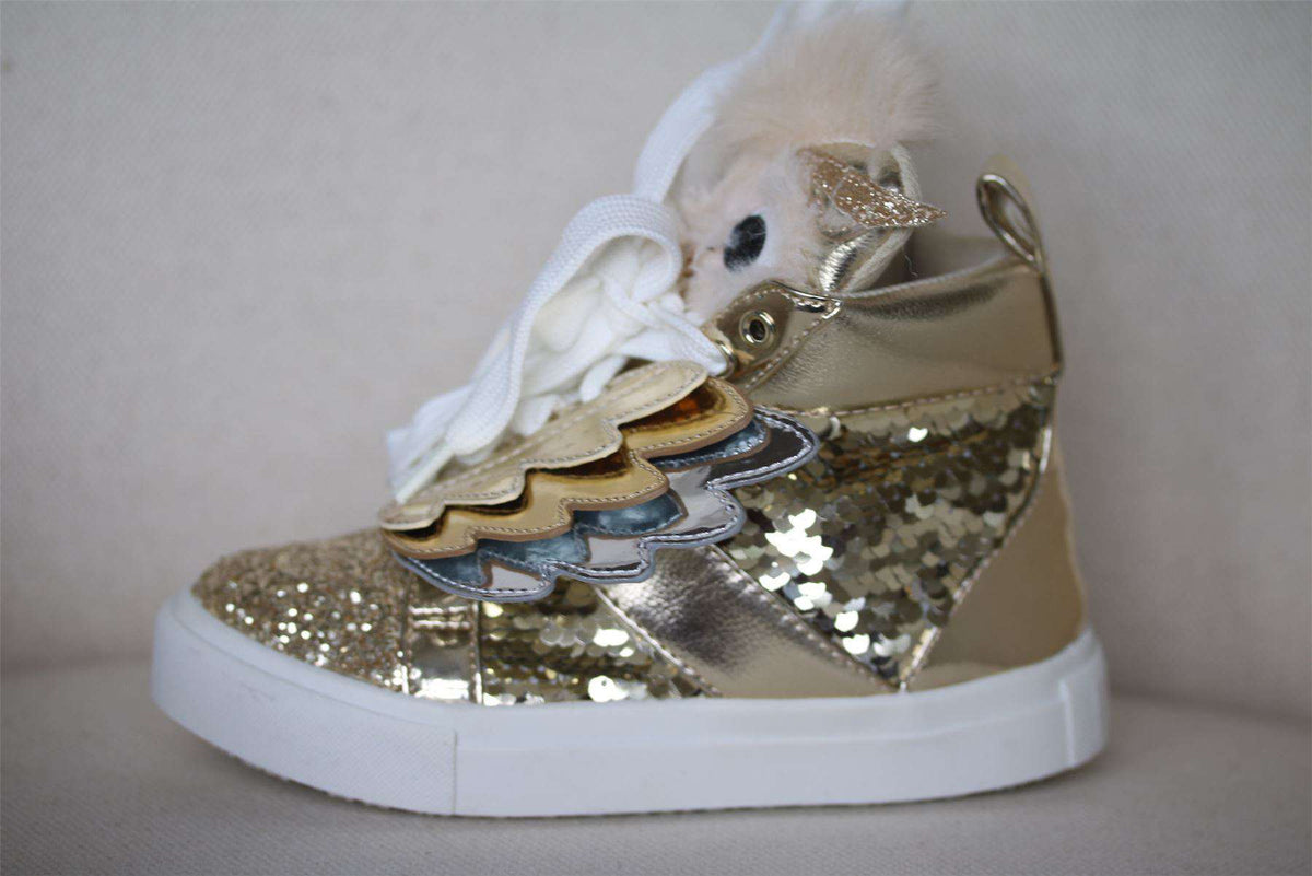 MINI MISS KG GIRLS TWIT TWOO GOLD SEQUIN HIGH-TOP TRAINERS EU 28 UK 10