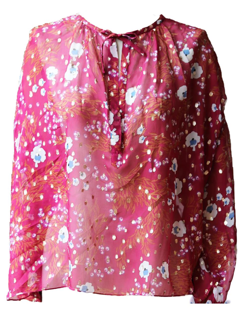 ISABEL MARANT MIA METALLIC FLORAL PRINT FIL COUPÉ SILK BLOUSE FR 42 UK 14