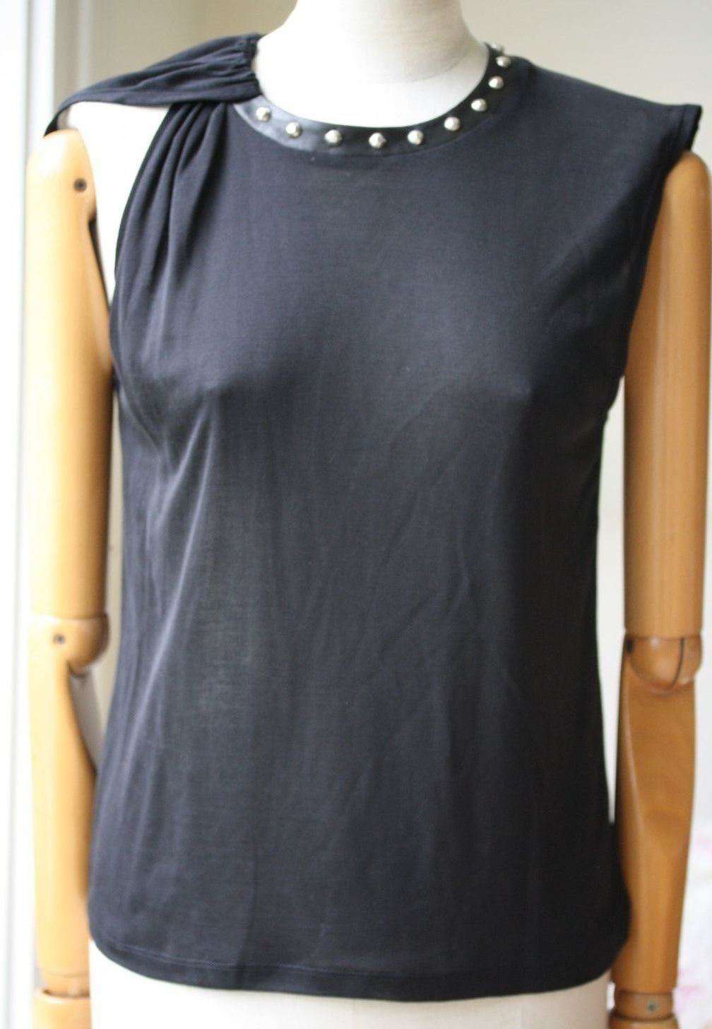 SAINT LAURENT STUDDED LEATHER TRIM TWIST SHOULDER TOP XSMALL