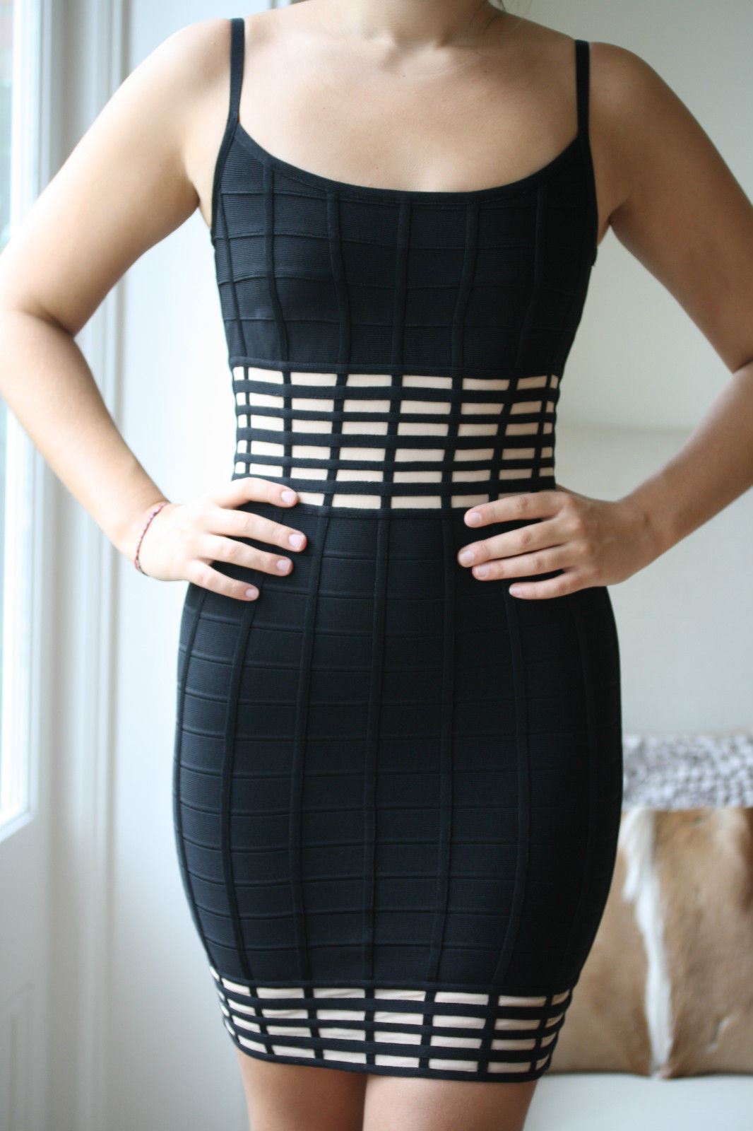 HERVE LEGER IZABEL BLACK NUDE GRID DRESS SMALL
