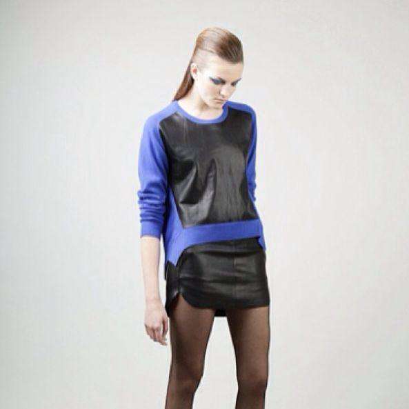 MASON BY MICHELLE MASON BLUE LEATHER PANEL SWEATER SMALL