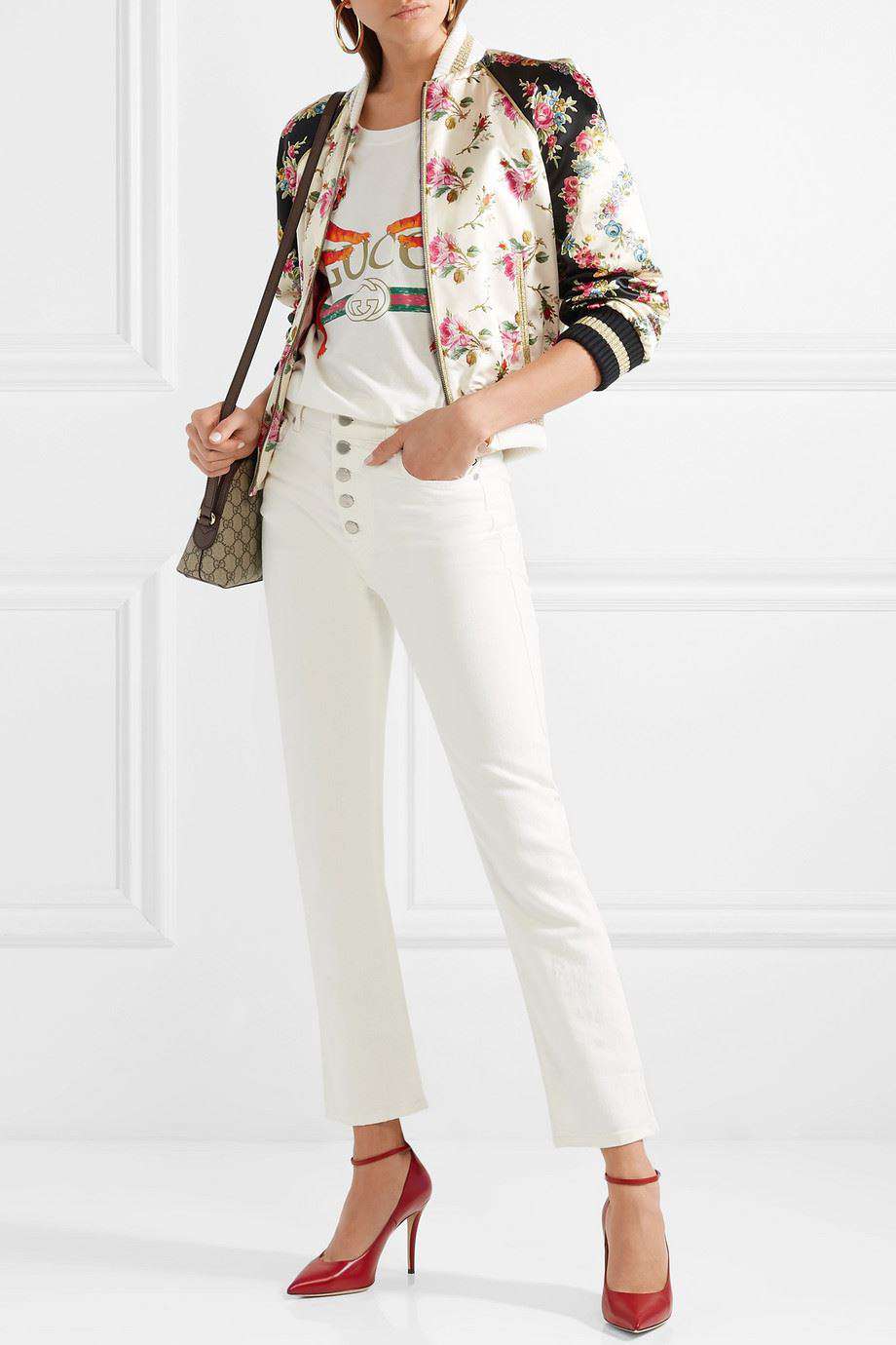 GUCCI APPLIQUÉD FLORAL PRINT DUCHESSE SILK SATIN BOMBER JACKET IT 38 UK 6