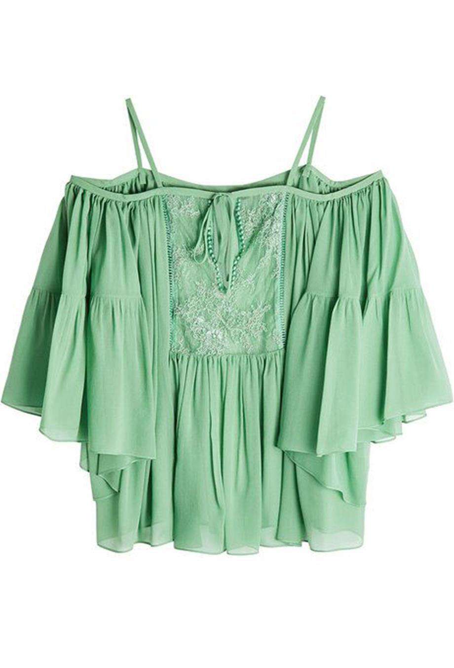 ROBERTO CAVALLI LACE TRIMMED COLD SHOULDER SILK TOP IT 42 UK 10