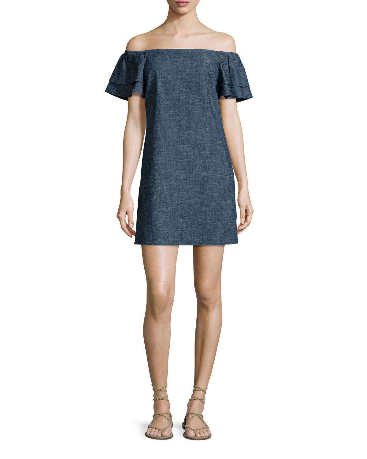 ALICE AND OLIVIA TULA OFF-THE-SHOULDER DENIM SHIFT DRESS MEDIUM