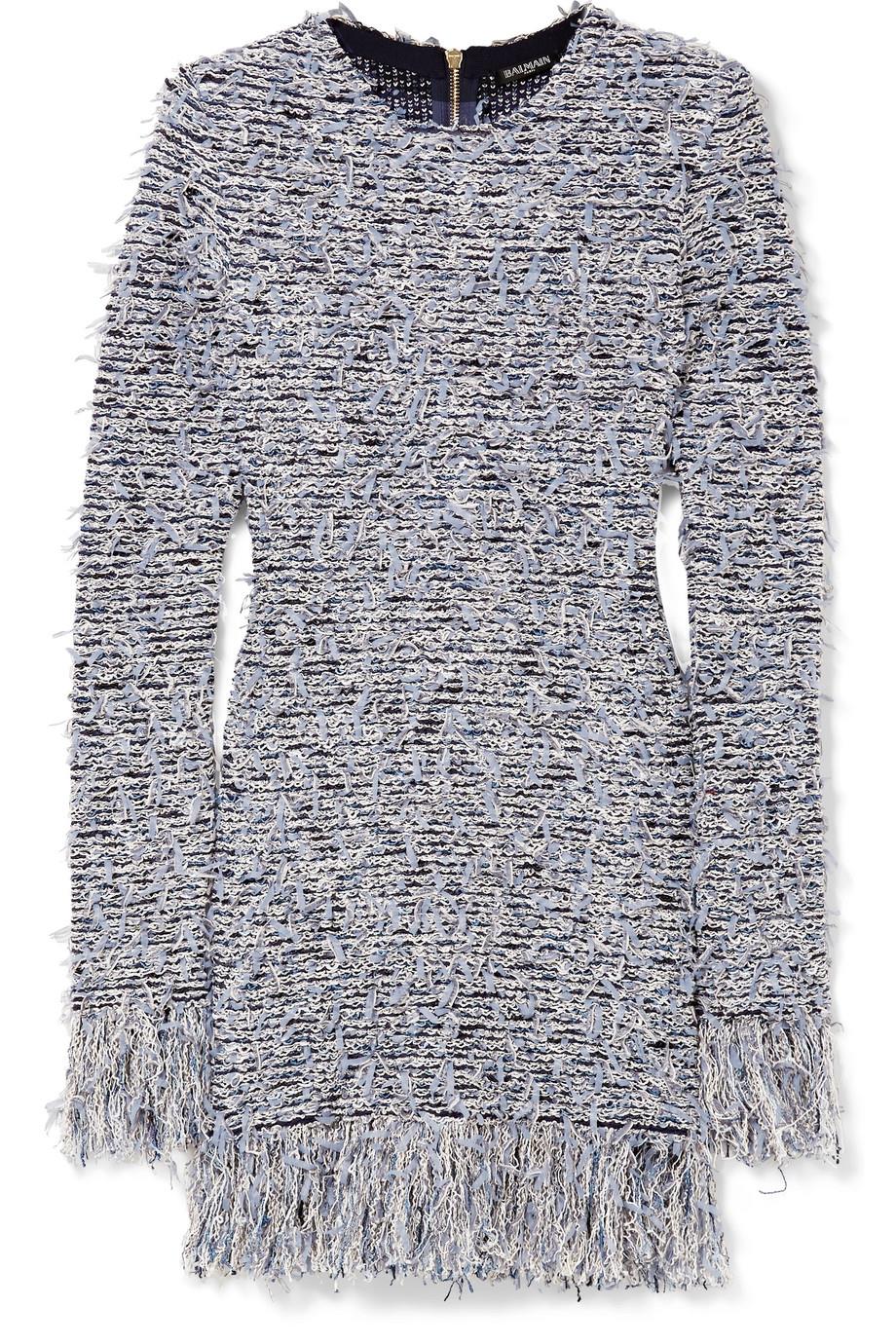 BALMAIN FRAYED STRETCH TWEED MINI DRESS FR 40 UK 12
