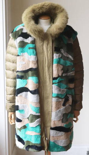 ARMY BY YVES SALOMON REVERSIBLE PRINTED RABBIT FUR AND COTTON PARKA FR 38 UK 10