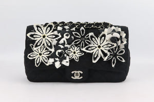 CHANEL 2015 CLASSIC MEDIUM FLORAL QUILTED JERSEY SINGLE FLAP SHOULDER BAG