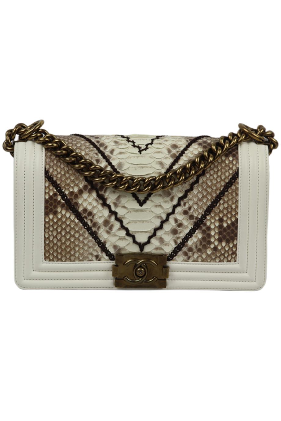 CHANEL 2015 BOY MEDIUM EMBROIDERED PYTHON AND LEATHER SHOULDER BAG