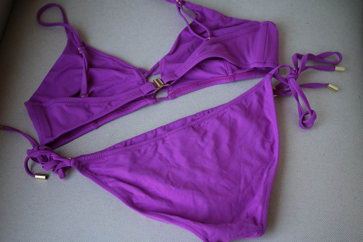 MELISSA ODABASH SARDINIA PURPLE TRIANGLE TOP AND KEY WEST BIKINI UK 10/14