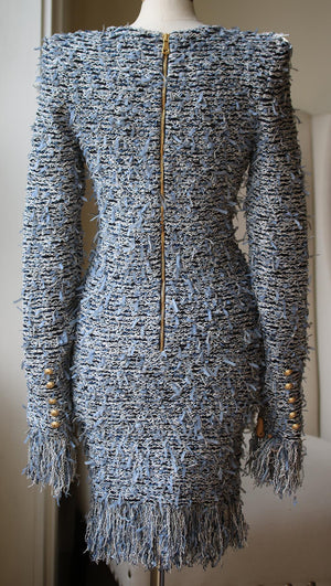 BALMAIN FRAYED STRETCH TWEED MINI DRESS FR 40 UK 12
