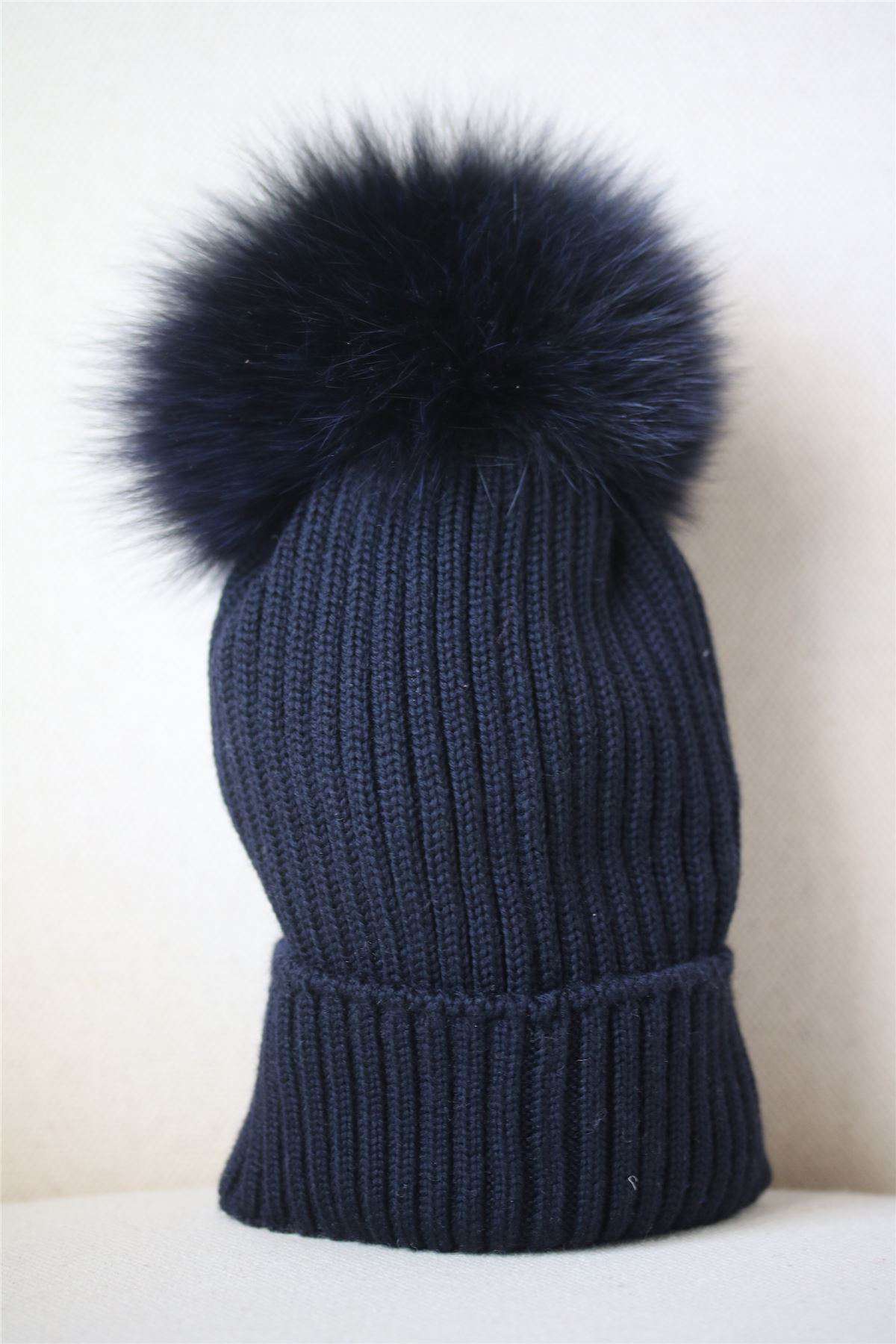 MONCLER KIDS NAVY BLUE WOOL HAT WITH FUR POM POM M 6-8 YEARS