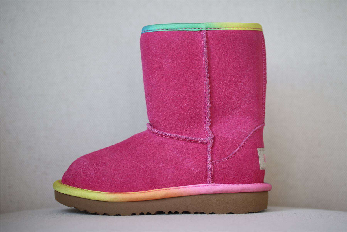 UGG GIRLS CLASSIC SHORT II PINK RAINBOW TRIMMED BOOTS EU 26 UK 8