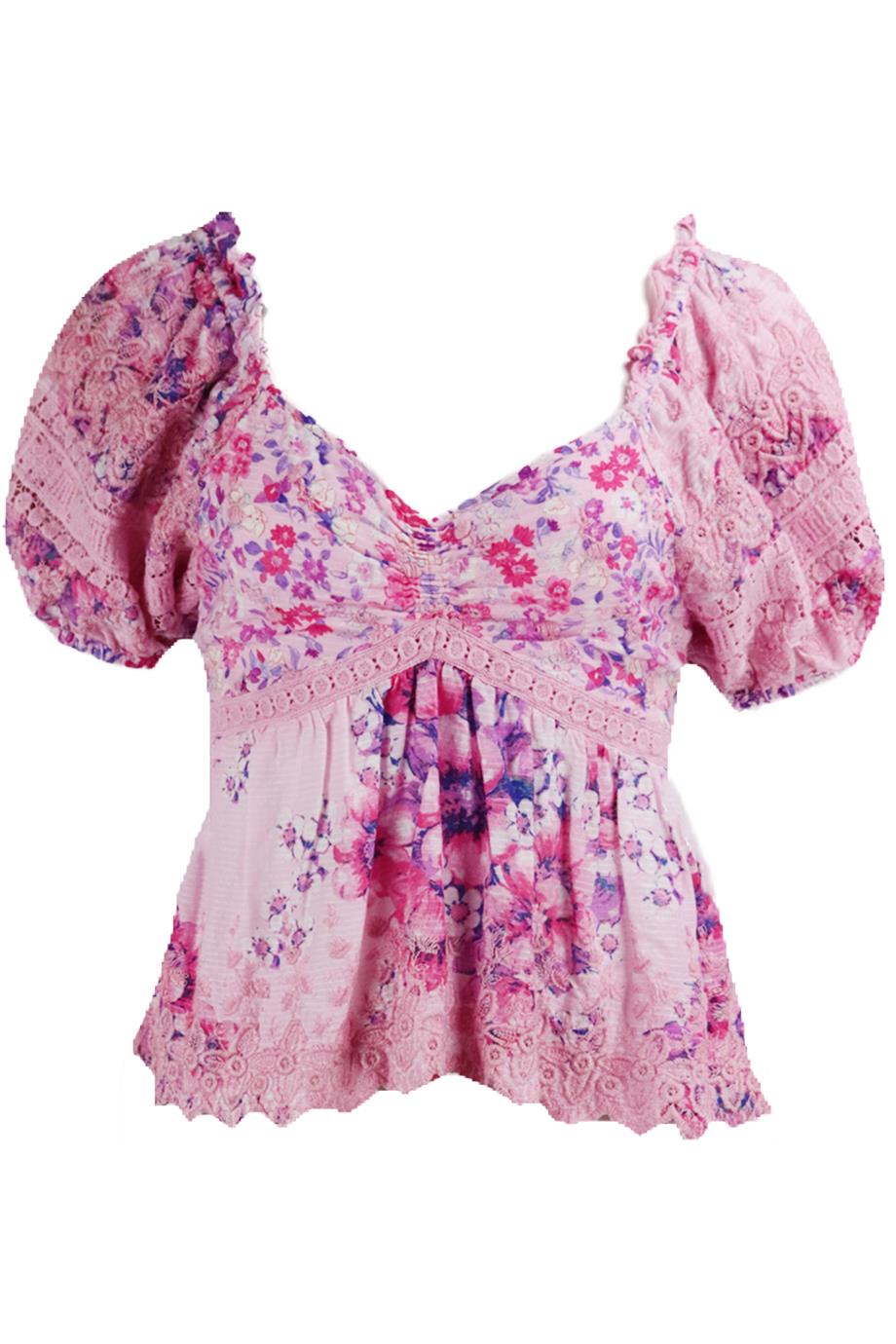 LOVESHACKFANCY CROCHET TRIMMED FLORAL PRINT COTTON TOP SMALL