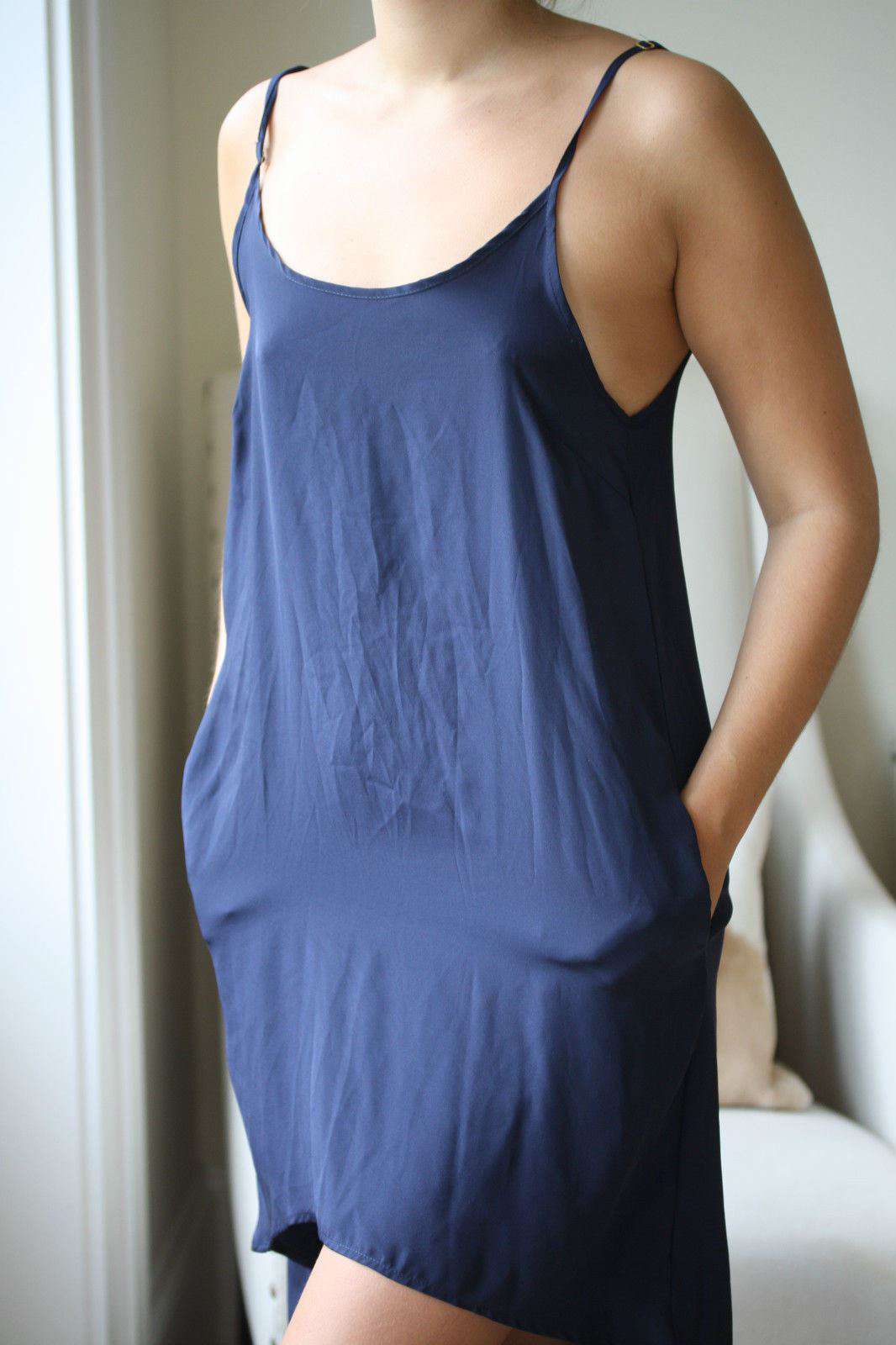 ALEXX JAE & MILK LOS ANGELES NAVY SILK DIPPED HEM DRESS MEDIUM