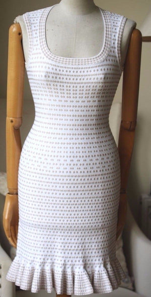 AZZEDINE ALAIA WHITE AND BEIGE DOTTED DRESS FR 36 UK 8
