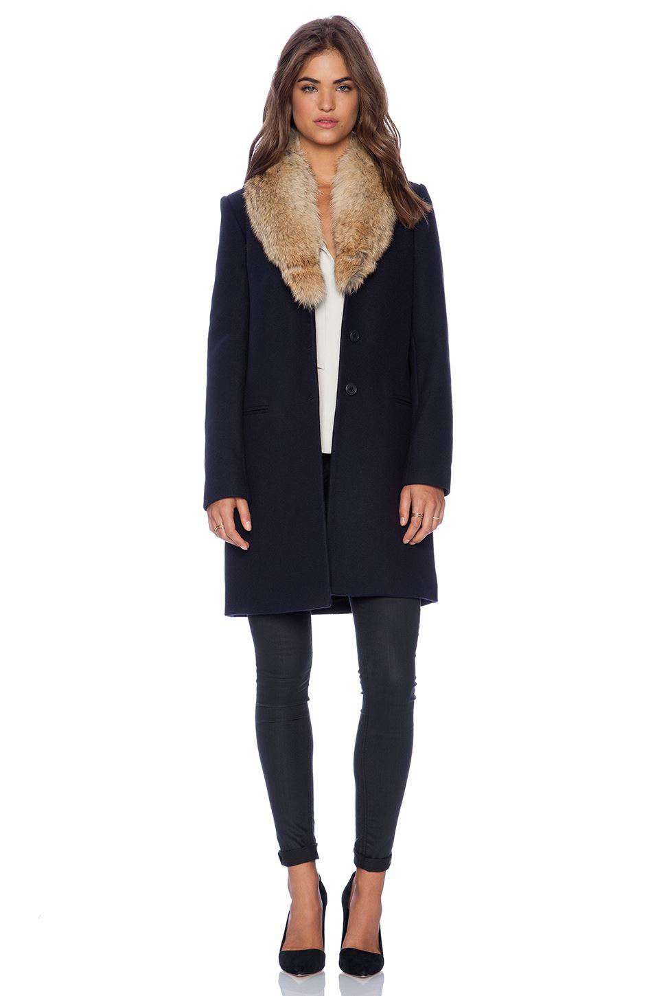 THEORY BELIZE COYOTE FUR TRIMMED COAT SMALL