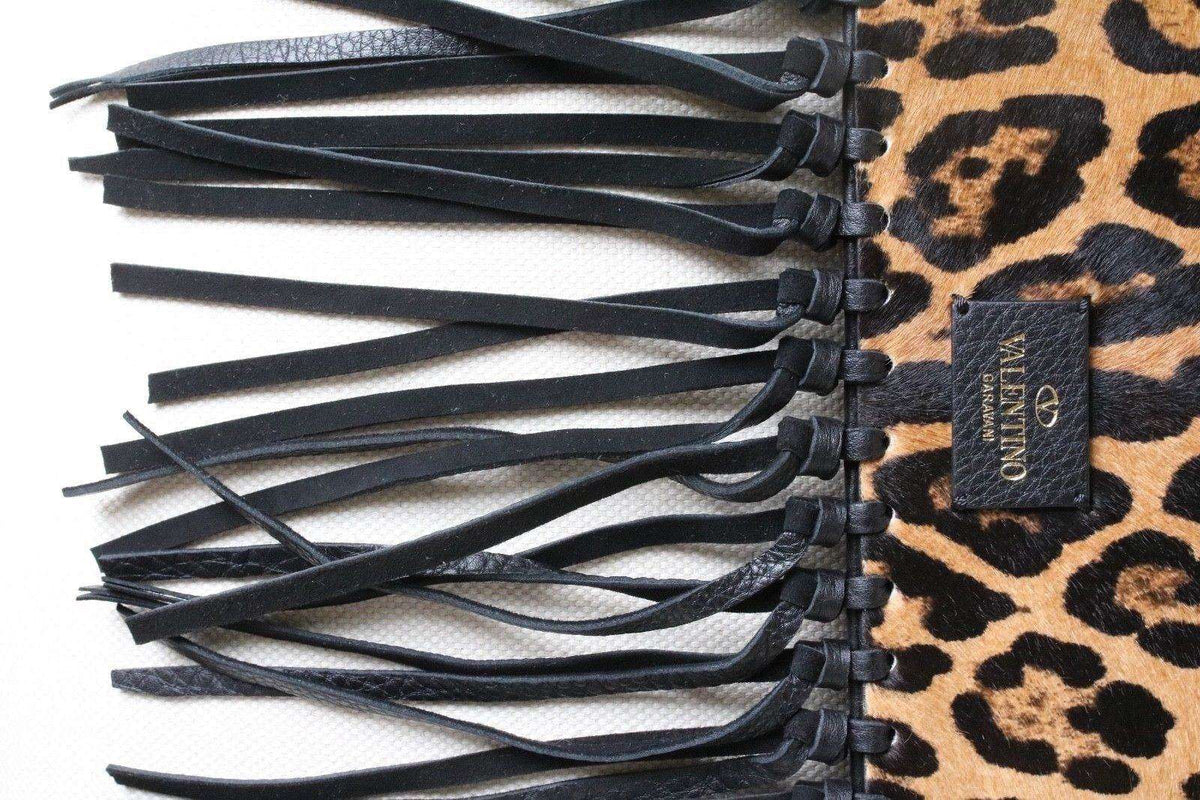 VALENTINO LEOPARD PRINT CALF HAIR FRINGE CLUTCH BAG