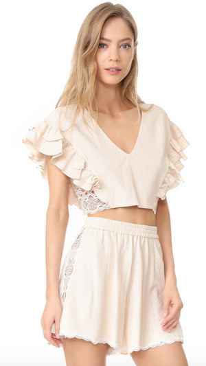 JONATHAN SIMKHAI TRIMMED LACE RUFFLE CROP TOP MEDIUM