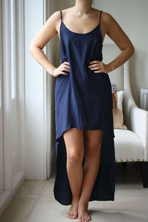 ALEXX JAE & MILK LOS ANGELES NAVY SILK DIPPED HEM DRESS MEDIUM