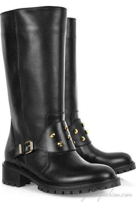 FENDI BLACK SPIKED LEATHER BIKER BOOTS EU 37 UK 4