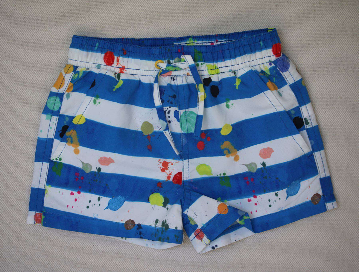 STELLA MCCARTNEY KIDS BOYS BLUE STRIPE PAINT SPLATTER SWIM SHORTS 18 MONTHS
