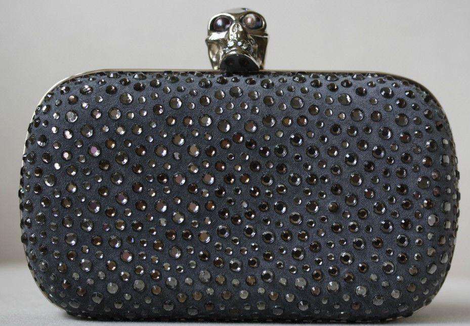 ALEXANDER MCQUEEN GREY CRYSTAL SKULL CLUTCH BAG