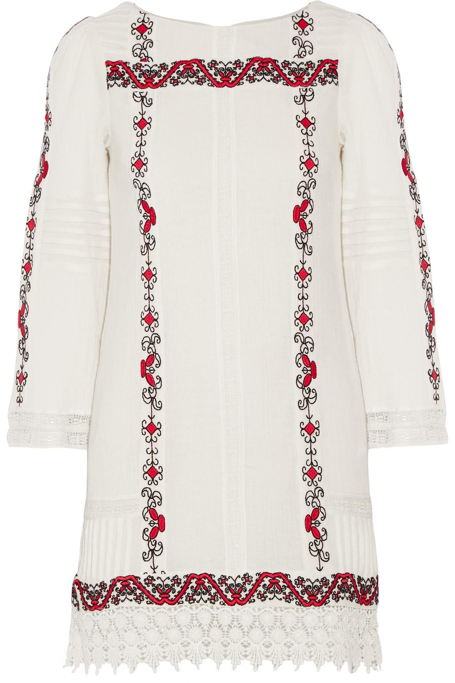 ALICE + OLIVIA RISKA EMBROIDERED COTTON GAUZE MINI DRESS UK 8