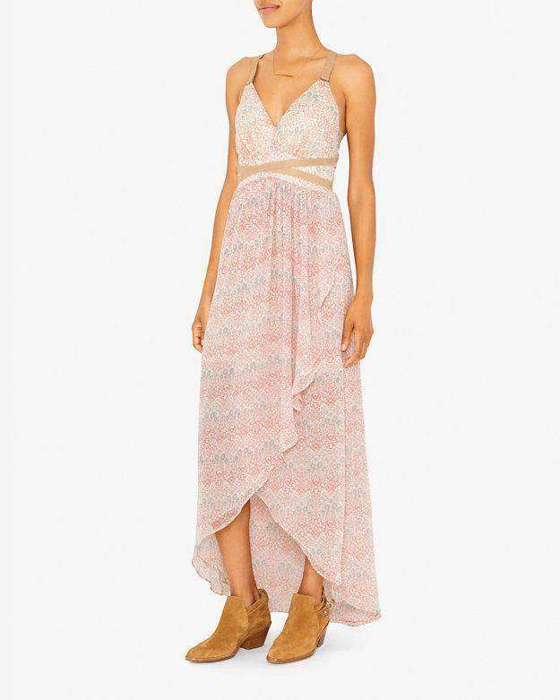 TWELFTH STREET BY CYNTHIA VINCENT LEATHER DETAIL PRINTED MAXI DRESS SMALL