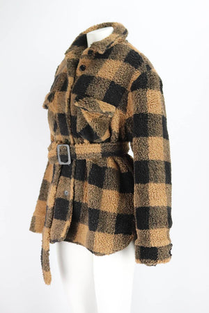 THE ANDAMANE BELTED CHECKED FAUX SHEARLING JACKET MEDIUM