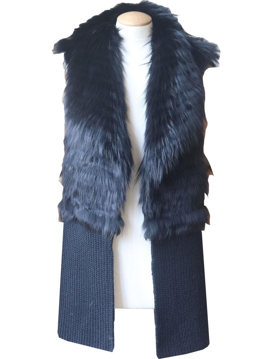 RAMY BROOK FOX FUR TRIMMED RIBBED WOOL BLEND GILET MEDIUM